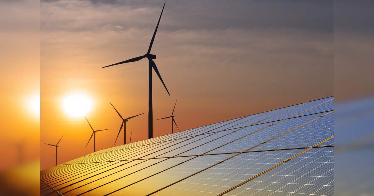 ET EnergyWorld article image showing wind turbines and solar panels at sunset