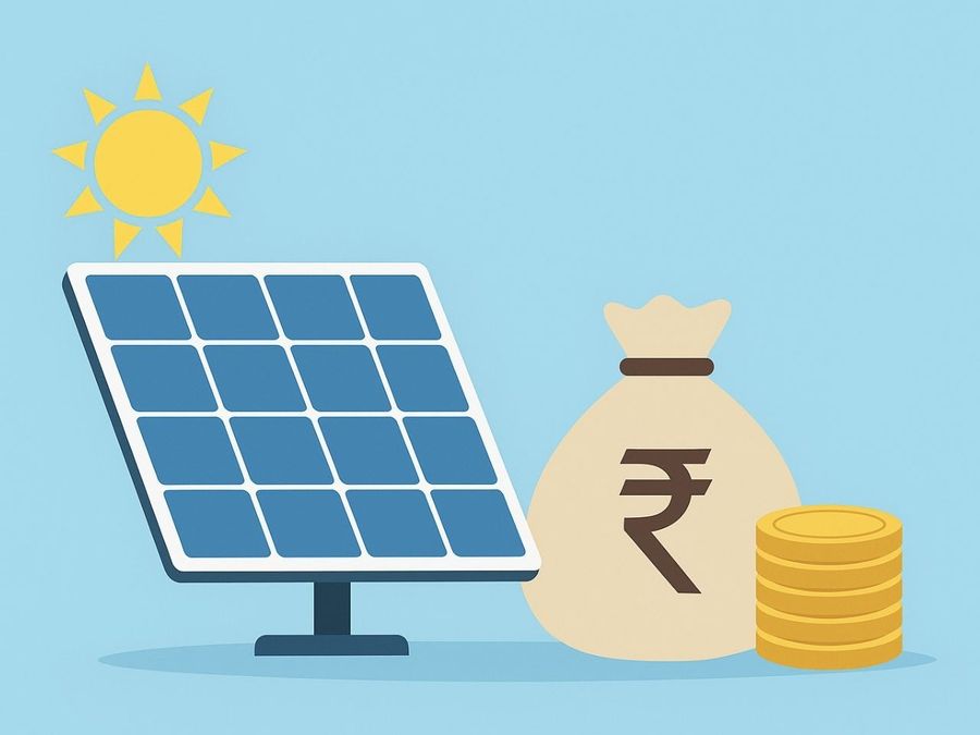 Saur Energy article image illustrating solar project financing with a solar panel and rupee coins